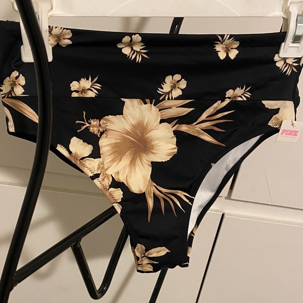 Victoria's Secret Black and Cream Floral Bikini Bottom
